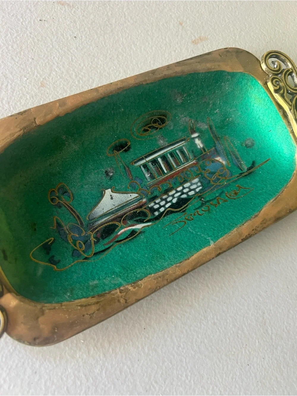 Vtg Mid Century Israel Brass Trinket Dish Green Enamel Jerusalem Souvenir Tray